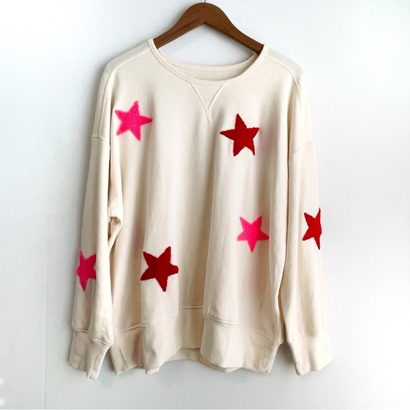 Lou & Grey Cream Crewneck Sweatshirt with Red and Pink Star Accents size XL - Picture 1 of 8